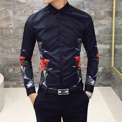 Luxury Print Men's Shirt Fashion Club Clothing Mens Designer Brand Floral Shirt Slim Long Sleeve Camisa Baroque Slim Party Shirt
