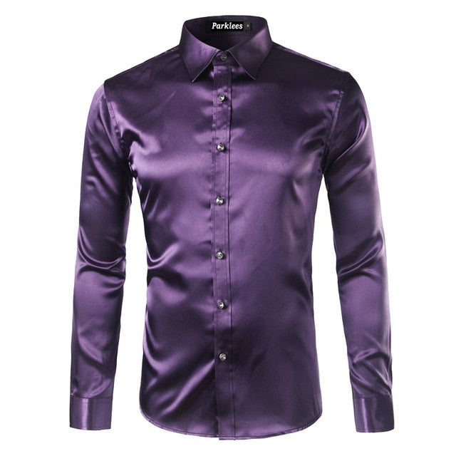 maoxiangshop Silk Shirt Men Satin Smooth Men Solid Tuxedo Shirt Business Chemise Homme Casual Slim Fit Shiny Gold Wedding Dress Shirts