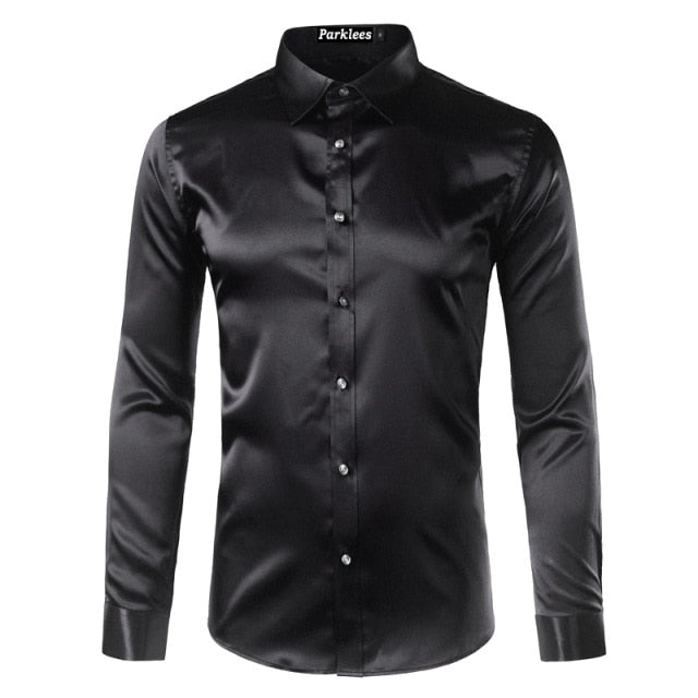 maoxiangshop Silk Shirt Men Satin Smooth Men Solid Tuxedo Shirt Business Chemise Homme Casual Slim Fit Shiny Gold Wedding Dress Shirts