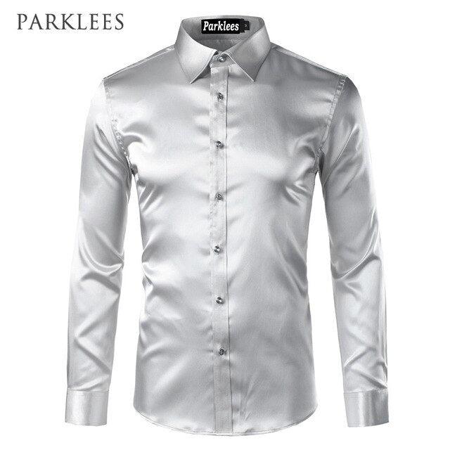 maoxiangshop Silk Shirt Men Satin Smooth Men Solid Tuxedo Shirt Business Chemise Homme Casual Slim Fit Shiny Gold Wedding Dress Shirts