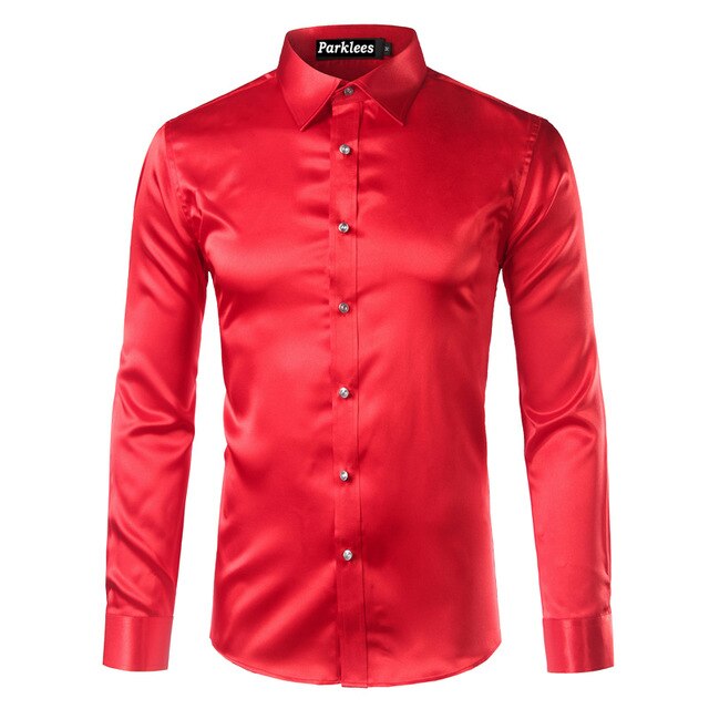 maoxiangshop Silk Shirt Men Satin Smooth Men Solid Tuxedo Shirt Business Chemise Homme Casual Slim Fit Shiny Gold Wedding Dress Shirts