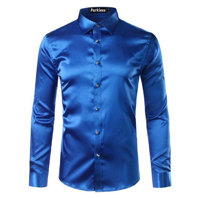maoxiangshop Silk Shirt Men Satin Smooth Men Solid Tuxedo Shirt Business Chemise Homme Casual Slim Fit Shiny Gold Wedding Dress Shirts