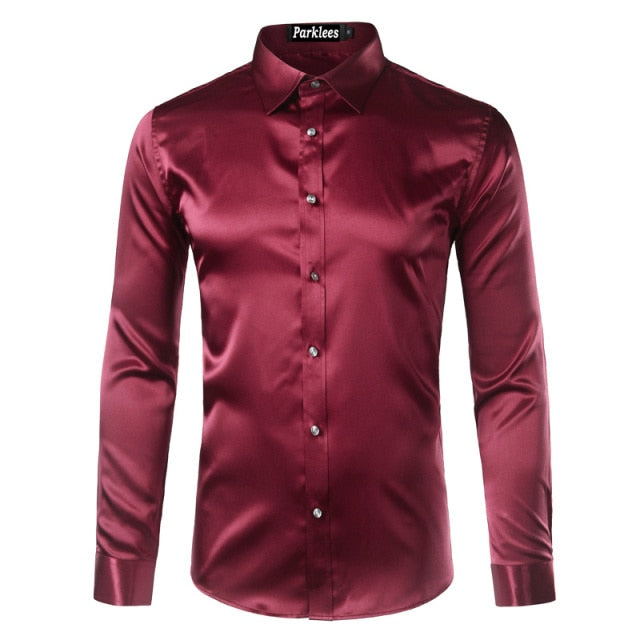 maoxiangshop Silk Shirt Men Satin Smooth Men Solid Tuxedo Shirt Business Chemise Homme Casual Slim Fit Shiny Gold Wedding Dress Shirts