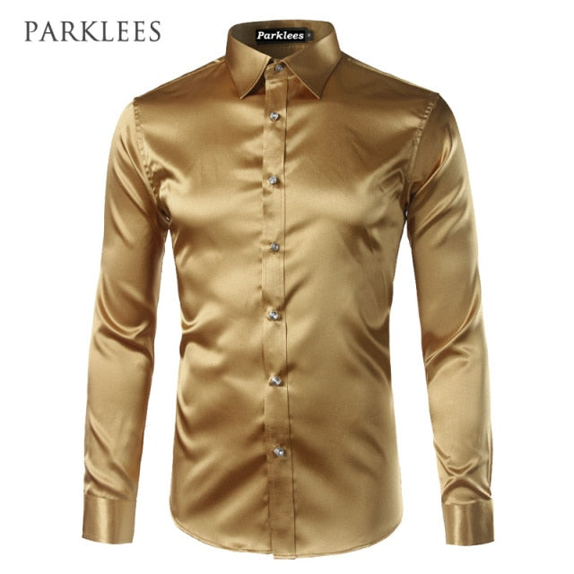 maoxiangshop Silk Shirt Men Satin Smooth Men Solid Tuxedo Shirt Business Chemise Homme Casual Slim Fit Shiny Gold Wedding Dress Shirts