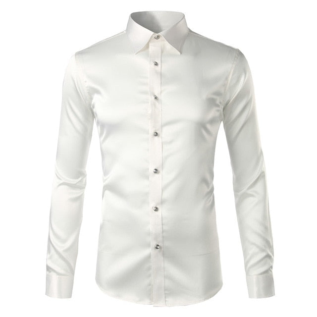 maoxiangshop Silk Shirt Men Satin Smooth Men Solid Tuxedo Shirt Business Chemise Homme Casual Slim Fit Shiny Gold Wedding Dress Shirts