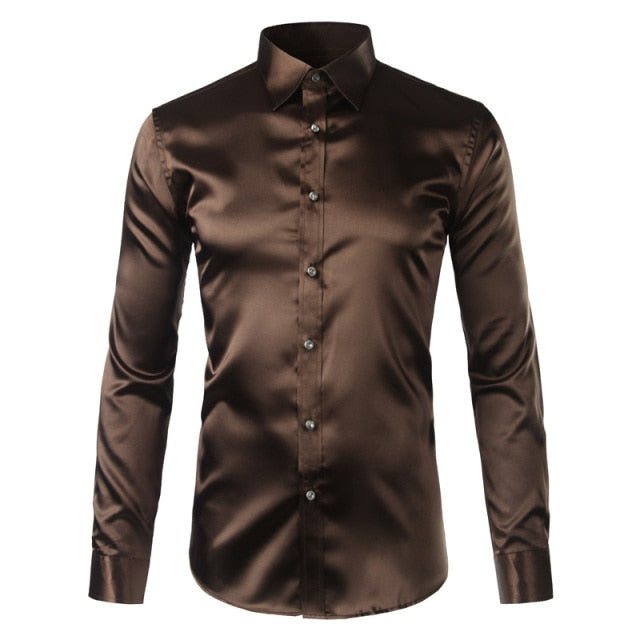 maoxiangshop Silk Shirt Men Satin Smooth Men Solid Tuxedo Shirt Business Chemise Homme Casual Slim Fit Shiny Gold Wedding Dress Shirts