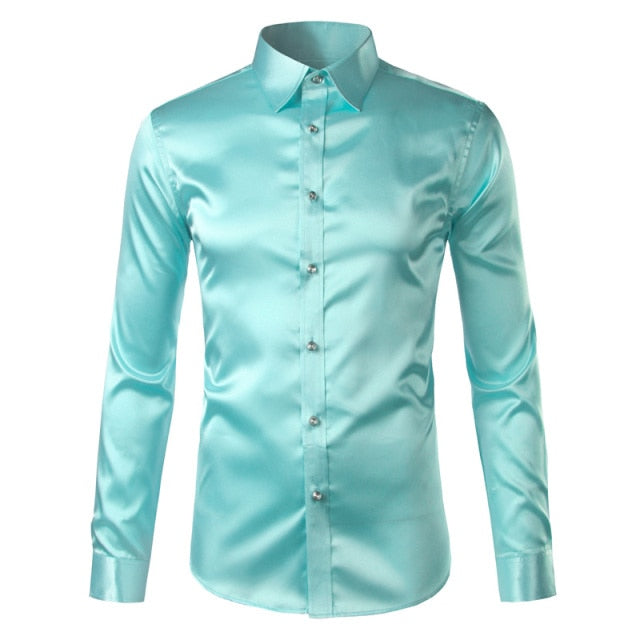 maoxiangshop Silk Shirt Men Satin Smooth Men Solid Tuxedo Shirt Business Chemise Homme Casual Slim Fit Shiny Gold Wedding Dress Shirts