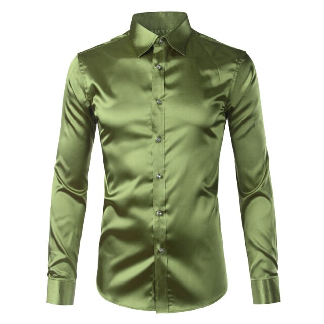 maoxiangshop Silk Shirt Men Satin Smooth Men Solid Tuxedo Shirt Business Chemise Homme Casual Slim Fit Shiny Gold Wedding Dress Shirts