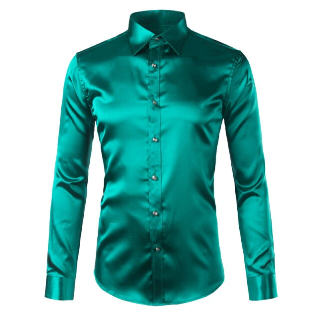 maoxiangshop Silk Shirt Men Satin Smooth Men Solid Tuxedo Shirt Business Chemise Homme Casual Slim Fit Shiny Gold Wedding Dress Shirts