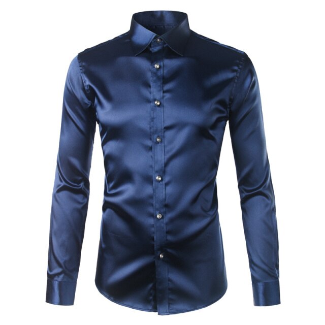 maoxiangshop Silk Shirt Men Satin Smooth Men Solid Tuxedo Shirt Business Chemise Homme Casual Slim Fit Shiny Gold Wedding Dress Shirts