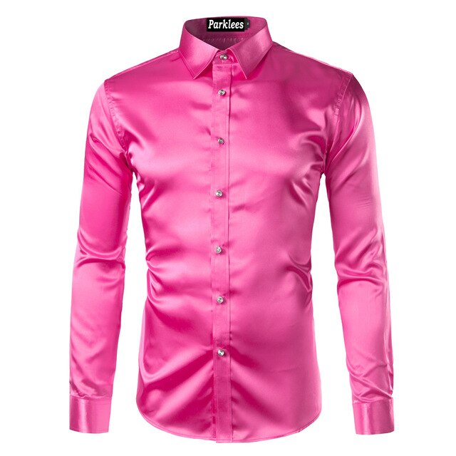 maoxiangshop Silk Shirt Men Satin Smooth Men Solid Tuxedo Shirt Business Chemise Homme Casual Slim Fit Shiny Gold Wedding Dress Shirts