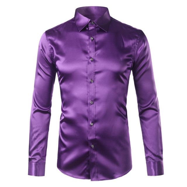 maoxiangshop Silk Shirt Men Satin Smooth Men Solid Tuxedo Shirt Business Chemise Homme Casual Slim Fit Shiny Gold Wedding Dress Shirts