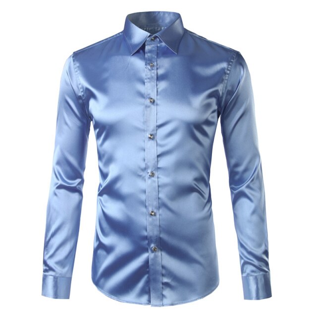 maoxiangshop Silk Shirt Men Satin Smooth Men Solid Tuxedo Shirt Business Chemise Homme Casual Slim Fit Shiny Gold Wedding Dress Shirts