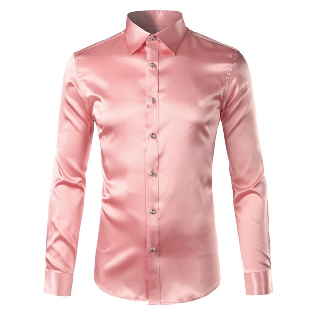 maoxiangshop Silk Shirt Men Satin Smooth Men Solid Tuxedo Shirt Business Chemise Homme Casual Slim Fit Shiny Gold Wedding Dress Shirts
