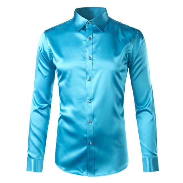 maoxiangshop Silk Shirt Men Satin Smooth Men Solid Tuxedo Shirt Business Chemise Homme Casual Slim Fit Shiny Gold Wedding Dress Shirts