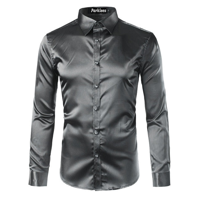 maoxiangshop Silk Shirt Men Satin Smooth Men Solid Tuxedo Shirt Business Chemise Homme Casual Slim Fit Shiny Gold Wedding Dress Shirts