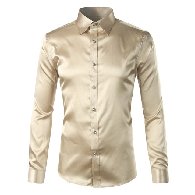 maoxiangshop Silk Shirt Men Satin Smooth Men Solid Tuxedo Shirt Business Chemise Homme Casual Slim Fit Shiny Gold Wedding Dress Shirts