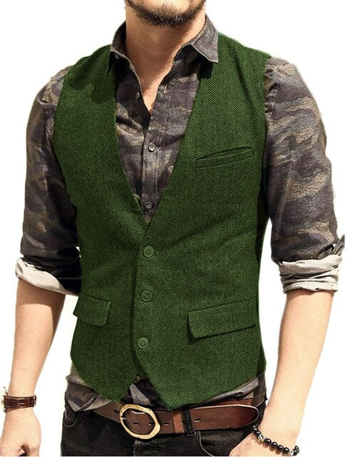 Men's Suit Vest V Neck Wool Herringbone Tweed Casual Waistcoat Formal Business Vest Groomman For Green/Black/Brown/Coffee