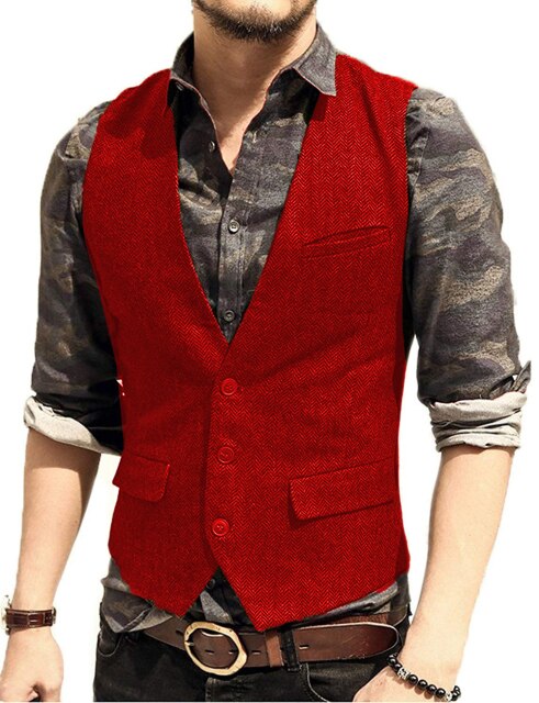 Men's Suit Vest V Neck Wool Herringbone Tweed Casual Waistcoat Formal Business Vest Groomman For Green/Black/Brown/Coffee
