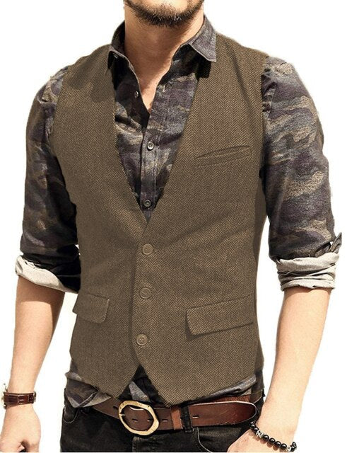 Men's Suit Vest V Neck Wool Herringbone Tweed Casual Waistcoat Formal Business Vest Groomman For Green/Black/Brown/Coffee