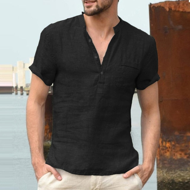 maoxiangshop New Mens Spring Summer Casual Shirt Short Sleeve Cotton Linen Shirts Men Loose Collar Button Shirt silk Chemise Homme