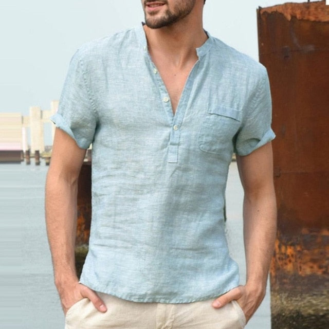 maoxiangshop New Mens Spring Summer Casual Shirt Short Sleeve Cotton Linen Shirts Men Loose Collar Button Shirt silk Chemise Homme
