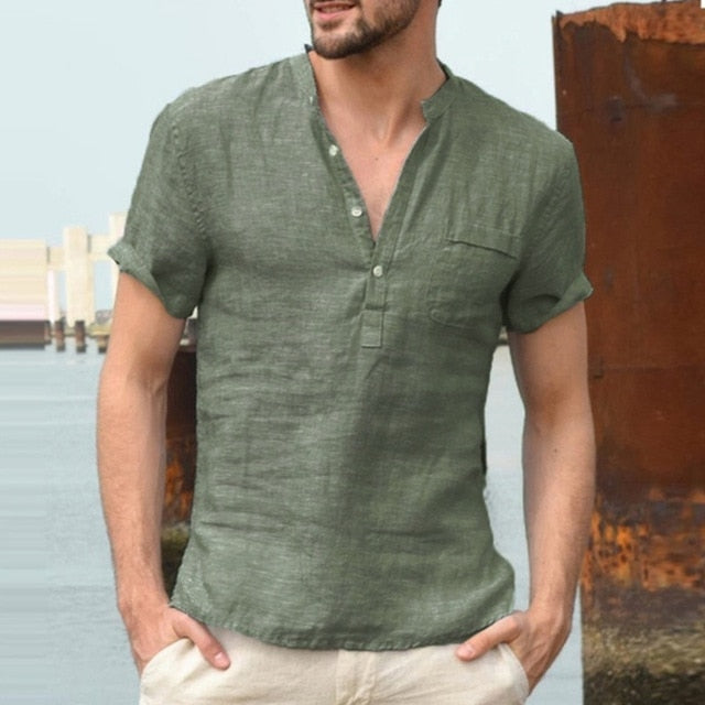 maoxiangshop New Mens Spring Summer Casual Shirt Short Sleeve Cotton Linen Shirts Men Loose Collar Button Shirt silk Chemise Homme