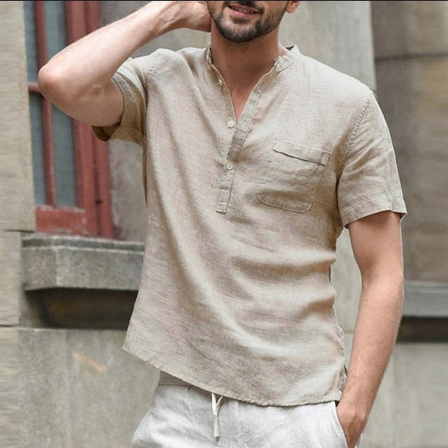 maoxiangshop New Mens Spring Summer Casual Shirt Short Sleeve Cotton Linen Shirts Men Loose Collar Button Shirt silk Chemise Homme