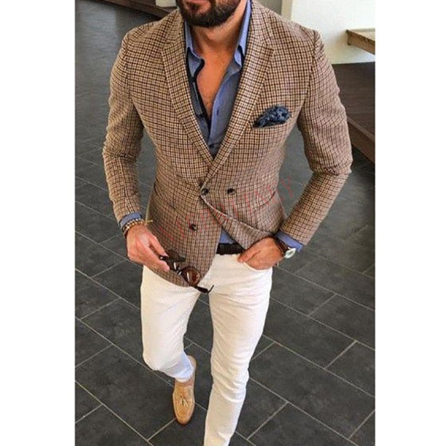 maoxiangshop Fashion Lattice Men's Suit Slim Fit Prom Wedding Suits for Men Groom Tuxedo Jacket Pants Set Custom White Casual Men Blazer