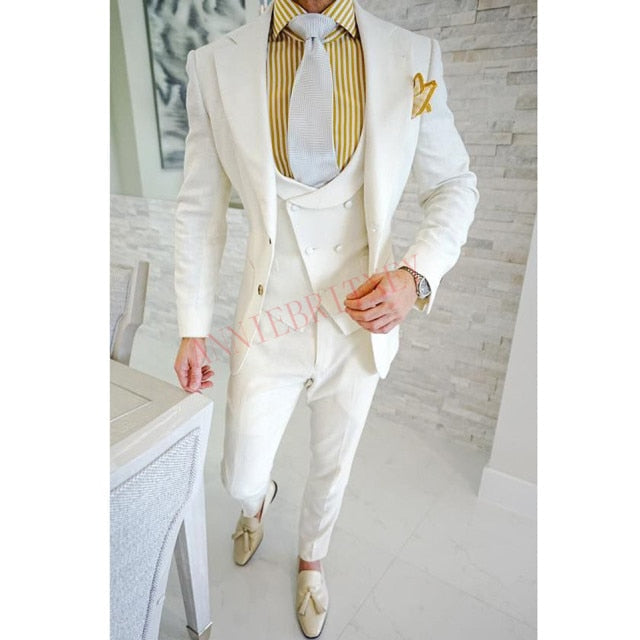 maoxiangshop Fashion Lattice Men's Suit Slim Fit Prom Wedding Suits for Men Groom Tuxedo Jacket Pants Set Custom White Casual Men Blazer