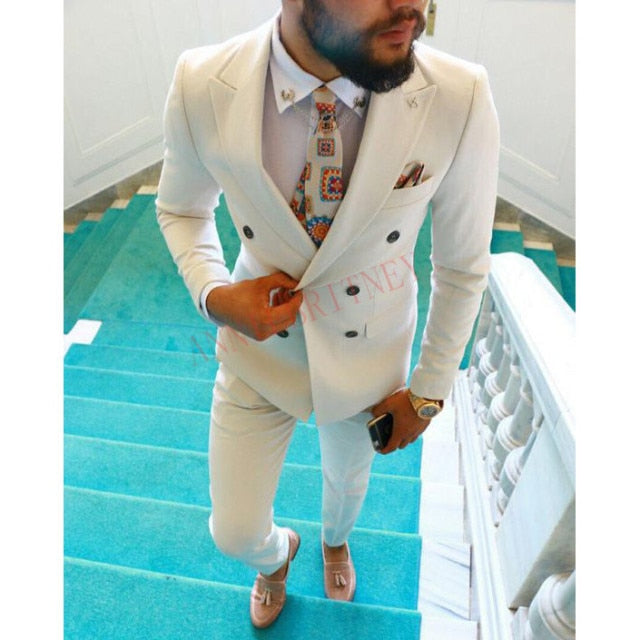 maoxiangshop Fashion Lattice Men's Suit Slim Fit Prom Wedding Suits for Men Groom Tuxedo Jacket Pants Set Custom White Casual Men Blazer