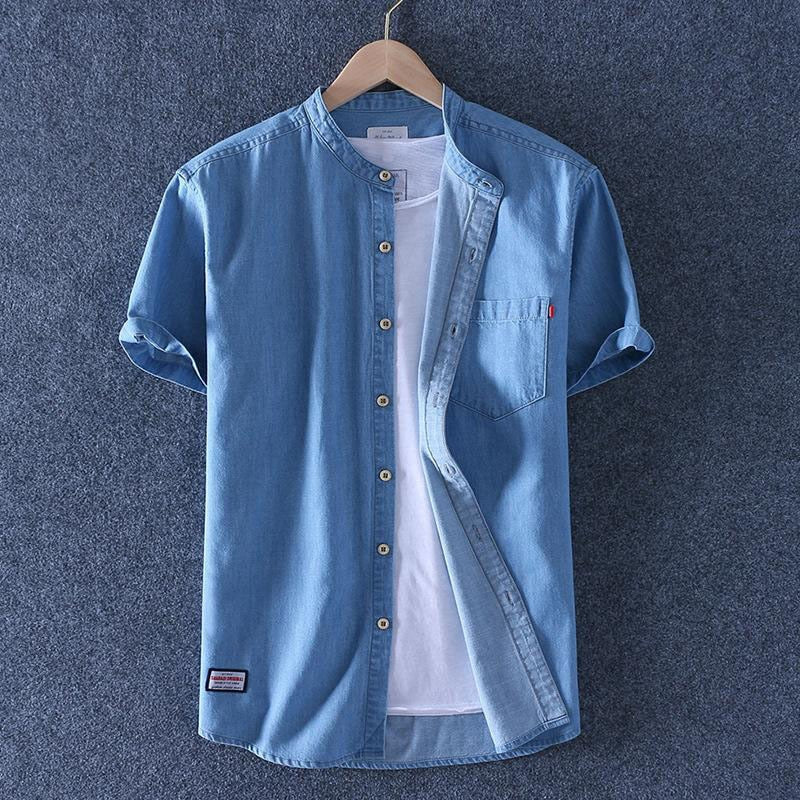 Blue Fashion Men Solid Short Sleeve Linen Shirts Men Shirt Summer Chinese Style Luxury Casual Sport Slim Fit Shirt
