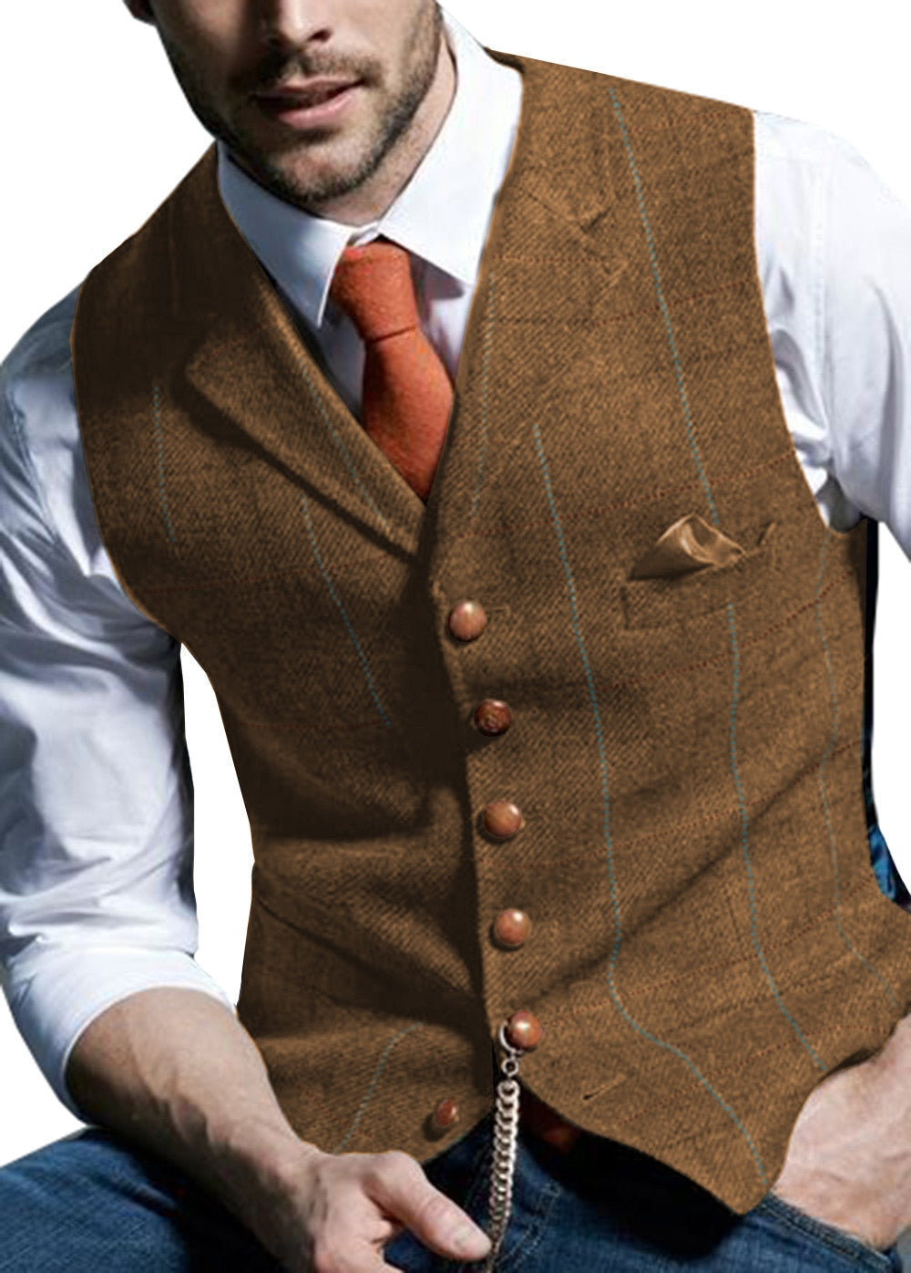 Brown Casual Gentleman Men's Army Green Vest Plaid Soft Wool Jacket Tweed Business Waistcoat For Best Man Wedding For Party