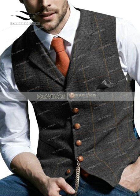 Brown Casual Gentleman Men's Army Green Vest Plaid Soft Wool Jacket Tweed Business Waistcoat For Best Man Wedding For Party