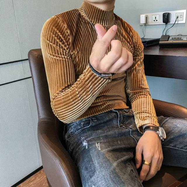 maoxiangshop Velvet Turtleneck T-Shirt Fall Winter Slim Striped Casual T-Shirt Men Long Sleeve Tight T-Shirt Club Costume Camiseta Homme