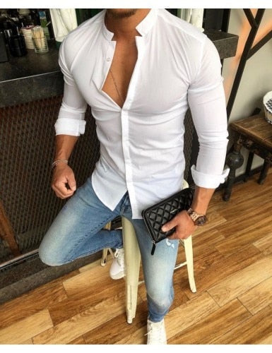 Hot Men's Shirt Solid Linen Cotton Button Long Sleeve Top Slim Fit Casual Male Tee Blouse Tops