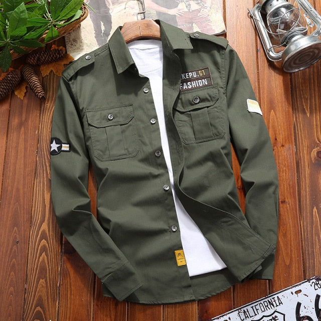 maoxiangshop Men's Shirts Cotton Shirt Khaki Casual Retro Slim Fit with Pocket Long Sleeve Vintage Jacket Streetwear