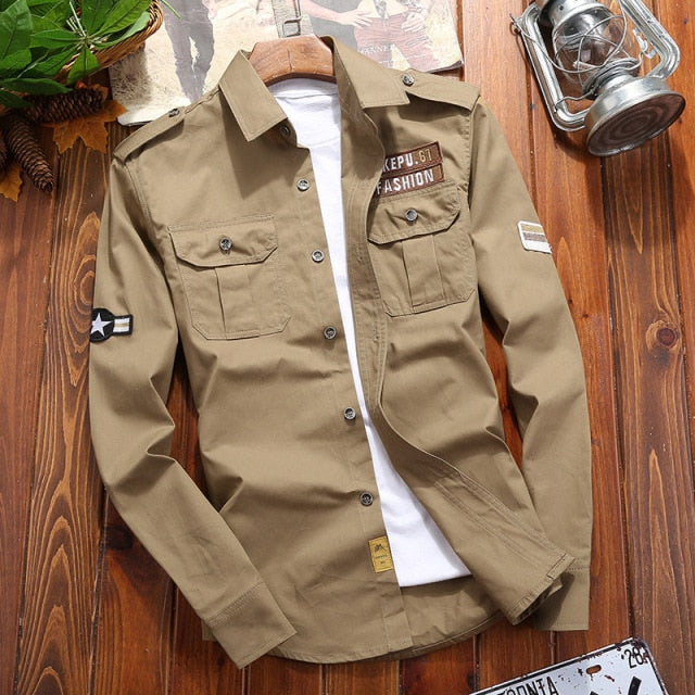 maoxiangshop Men's Shirts Cotton Shirt Khaki Casual Retro Slim Fit with Pocket Long Sleeve Vintage Jacket Streetwear