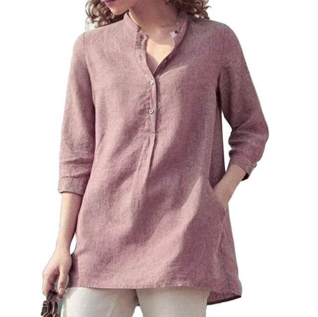 Women's blouses spring autumn tops leisure white shirts button v neck cardigan top loose long sleeve linen shirt cotton blouses