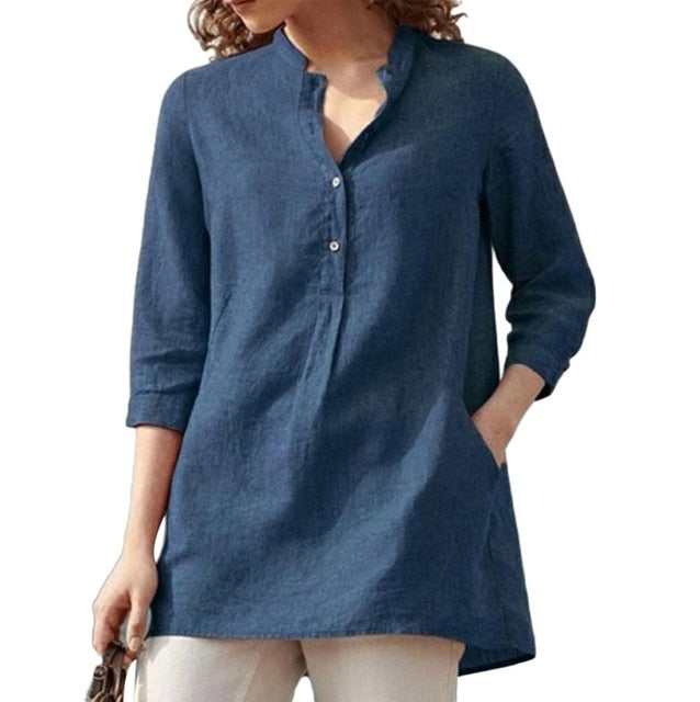 Women's blouses spring autumn tops leisure white shirts button v neck cardigan top loose long sleeve linen shirt cotton blouses