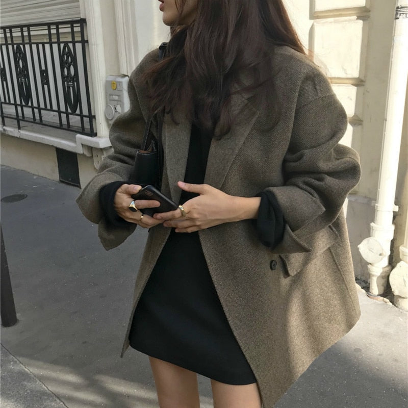 Women Winter Elegant Short Cashmere Overcoat Wool Coat Loose Long Sleeve Double Breasted Parka Oversized Chic Cloak