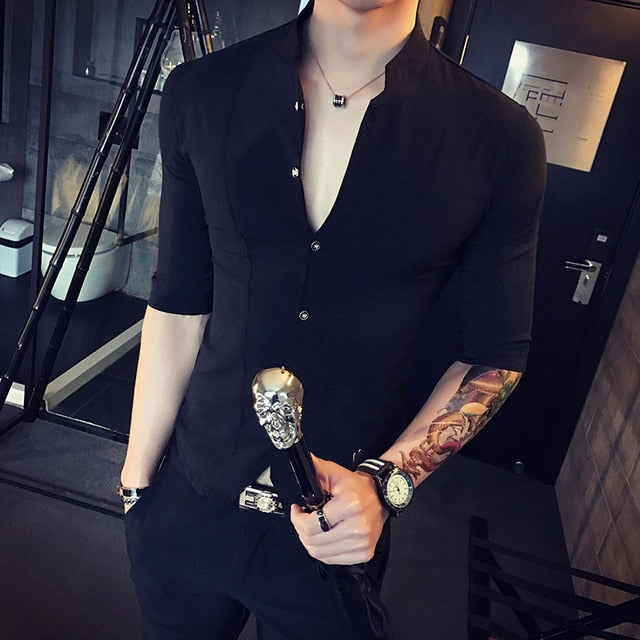 Stand Collar Chinese Style Shirt Men Slim Fit Korea Clothes Men Half Sleeve Summer Designer Club Shirt Camisa Masculina