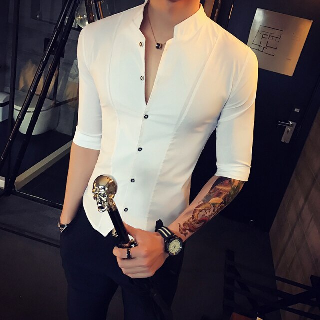 Stand Collar Chinese Style Shirt Men Slim Fit Korea Clothes Men Half Sleeve Summer Designer Club Shirt Camisa Masculina