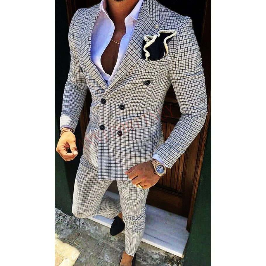 maoxiangshop Fashion Lattice Men's Suit Slim Fit Prom Wedding Suits for Men Groom Tuxedo Jacket Pants Set Custom White Casual Men Blazer