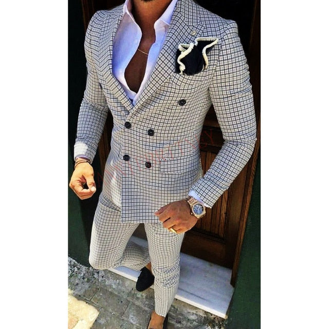 maoxiangshop Fashion Lattice Men's Suit Slim Fit Prom Wedding Suits for Men Groom Tuxedo Jacket Pants Set Custom White Casual Men Blazer