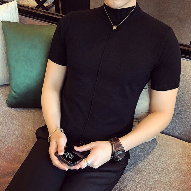 New Summer Men T-shirt Knitted Short Sleeves Top Men's Solid Color Half High Collar Sweater Pullover T Shirt Slim Knitted Tees