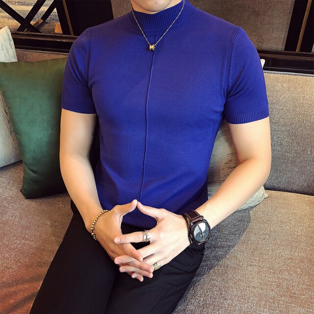 New Summer Men T-shirt Knitted Short Sleeves Top Men's Solid Color Half High Collar Sweater Pullover T Shirt Slim Knitted Tees