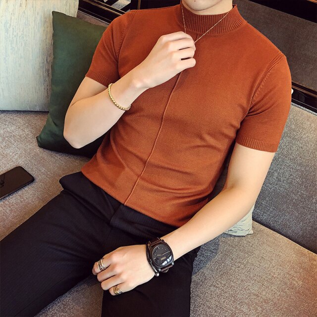 New Summer Men T-shirt Knitted Short Sleeves Top Men's Solid Color Half High Collar Sweater Pullover T Shirt Slim Knitted Tees
