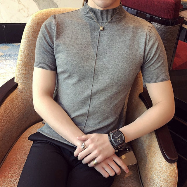 New Summer Men T-shirt Knitted Short Sleeves Top Men's Solid Color Half High Collar Sweater Pullover T Shirt Slim Knitted Tees