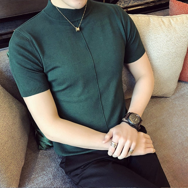 New Summer Men T-shirt Knitted Short Sleeves Top Men's Solid Color Half High Collar Sweater Pullover T Shirt Slim Knitted Tees